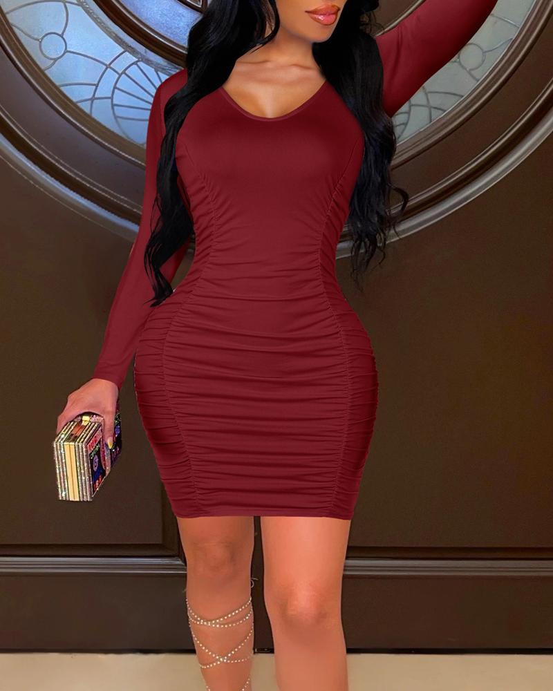 

Long Sleeve Ruched Bodycon Dress, Wine red