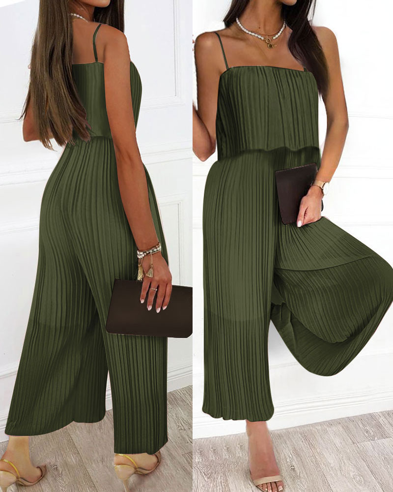 

Spaghetti Strap Ruffle Hem Pleated Wide Leg Jumpsuit, Green