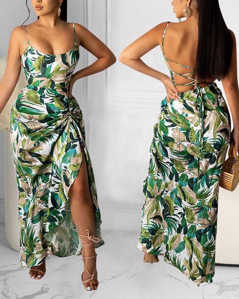 

Plants Print Lace-up Backless Ruched High Slit Dress, Green