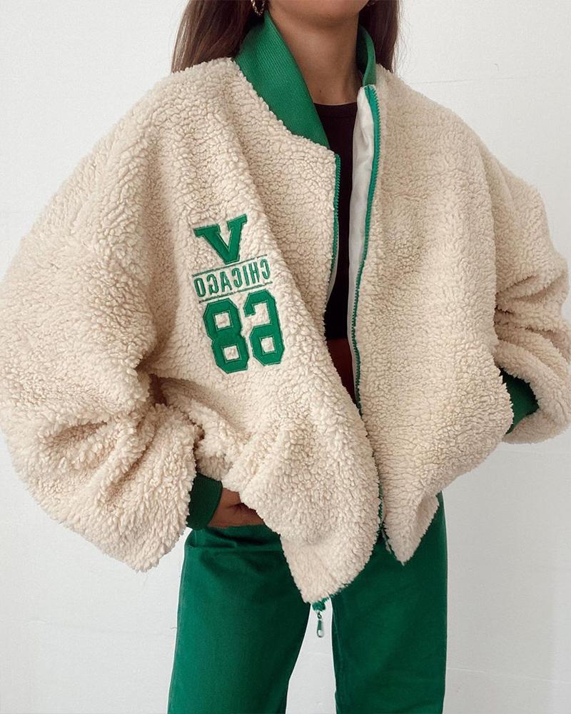 

Letter Embroidery Zipper Up Pocket Design Teddy Jacket, Green