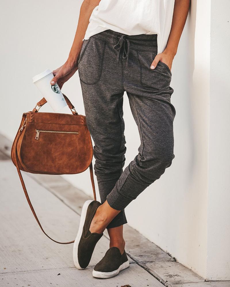 

Casual Solid Color Drawstring Pencil Pants, Dark grey