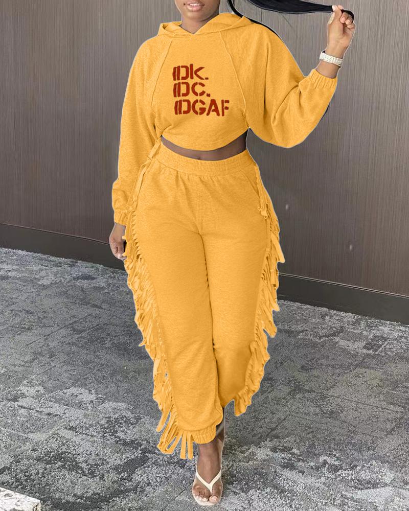 

Letter Print Long Sleeve Hoodie & Fringe Trim Pants Set, Yellow