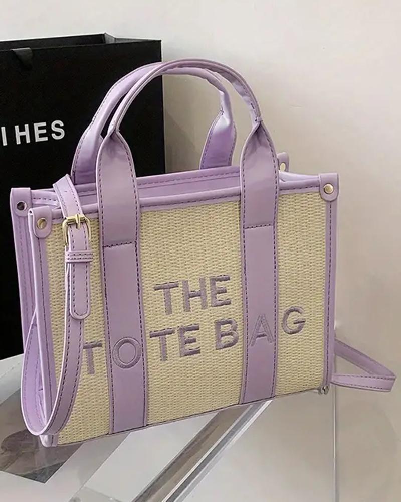 

Letter Embroidery Versatile All-Match Straw Tote Bag, Purple