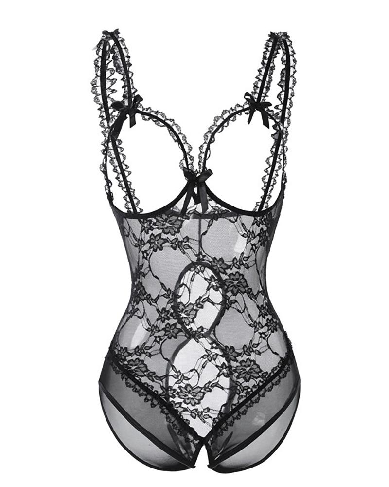 

Crochet Lace Bowknot Open Crotch Teddy, Black
