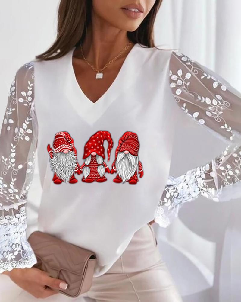 

Christmas Elf Print Sheer Mesh Lace Top Casual Long Sleeve V Neck T-shirt, White