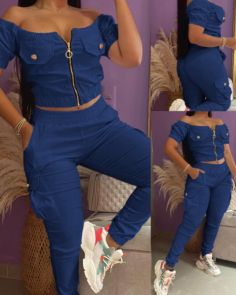

Off Shoulder Zipper Design Top & Cuffed Pants Set, Dark blue
