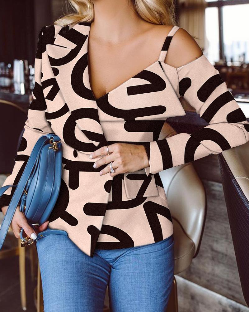 

Letter Print Cold Shoulder Double Button Blazer, Apricot