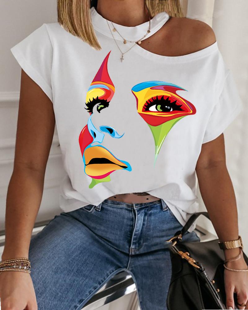 

Cold Shoulder Figure Print Short Sleeve Casual T-shirt, White