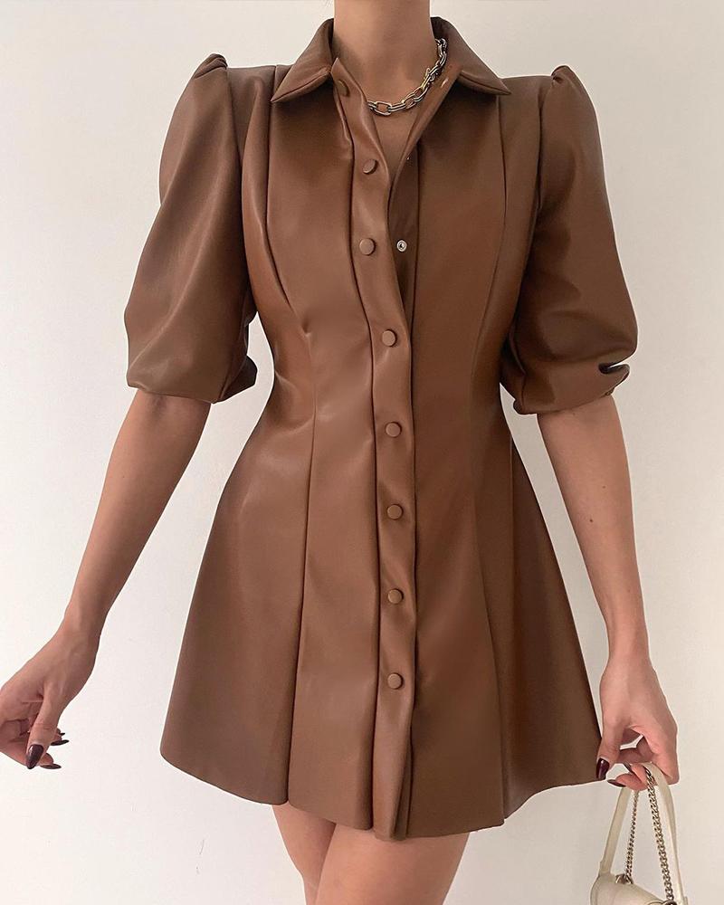 

Puff Sleeve Button Down PU Leather Dress, Brown