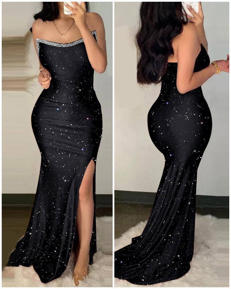 

High Slit Bandeau Glitter Mermaid Evening Dress, Black