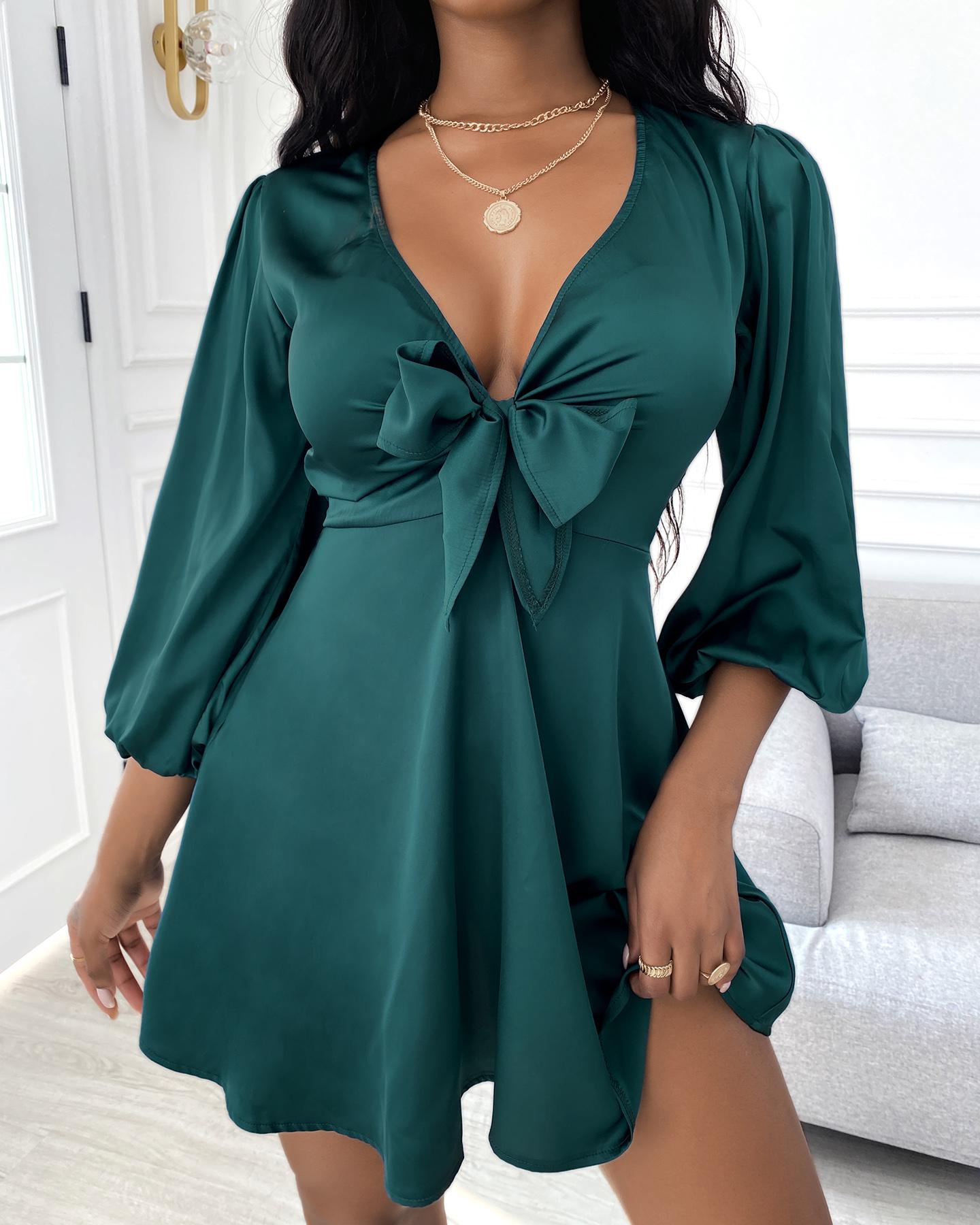 

Puff Sleeve Plunge Tie Front Dress, Green