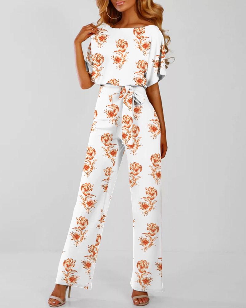 

Floral Print Casual Top & Tied Detail Pants Set, White