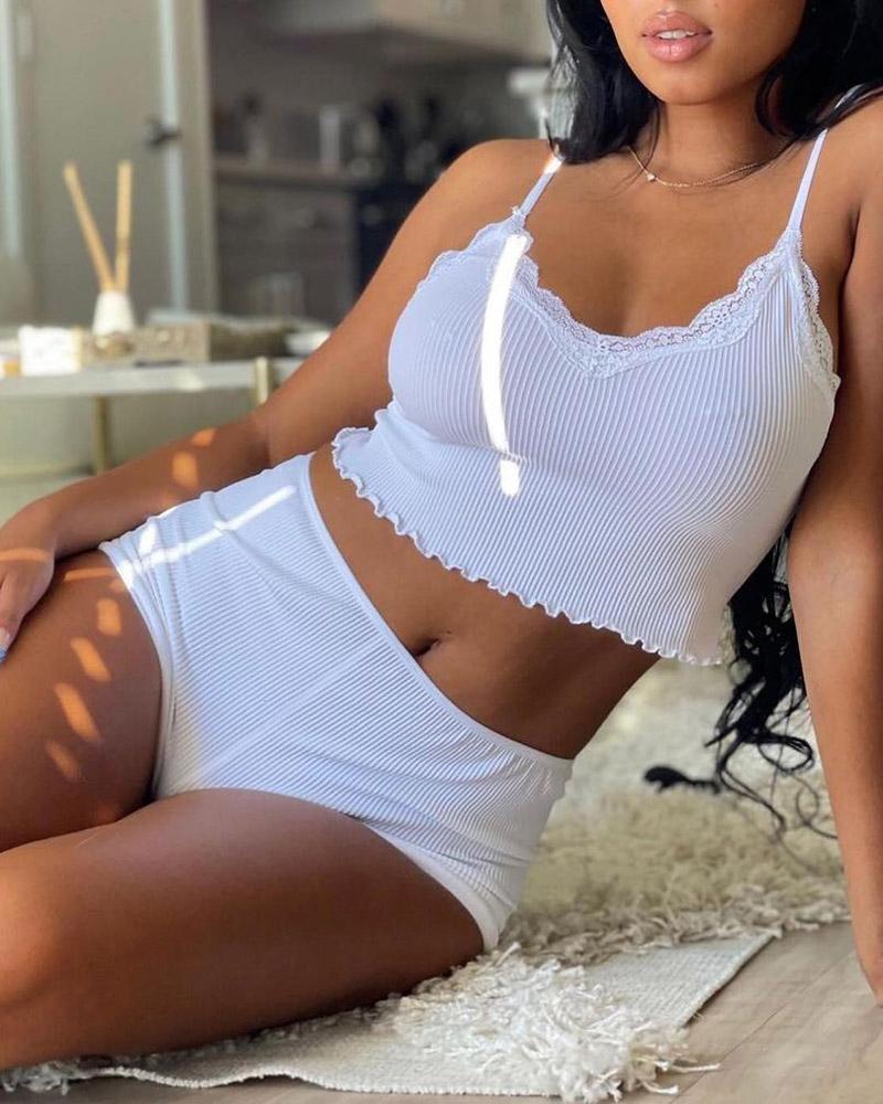 

Ribbed Contrast Lace Cami Set, White