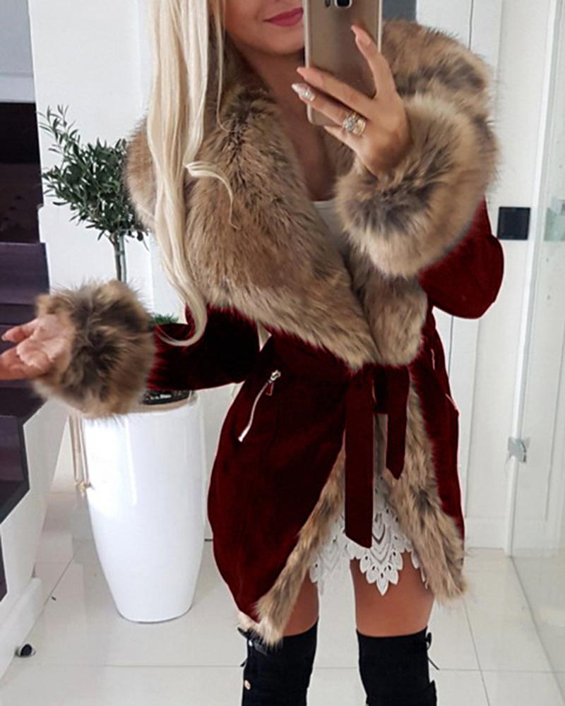 

Feather Zipper Detail Long Sleeve Lined Coat, Dark red