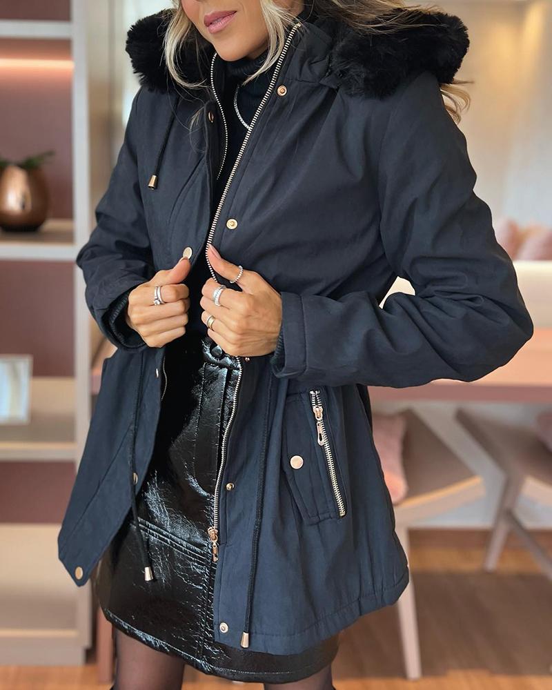 

Drawstring Zipper Design Faux Fur Patch Hooded Parka Coat, Black