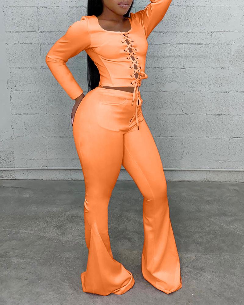 

Plain Eyelet Lace Up Top & Flared Pants Set, Orange