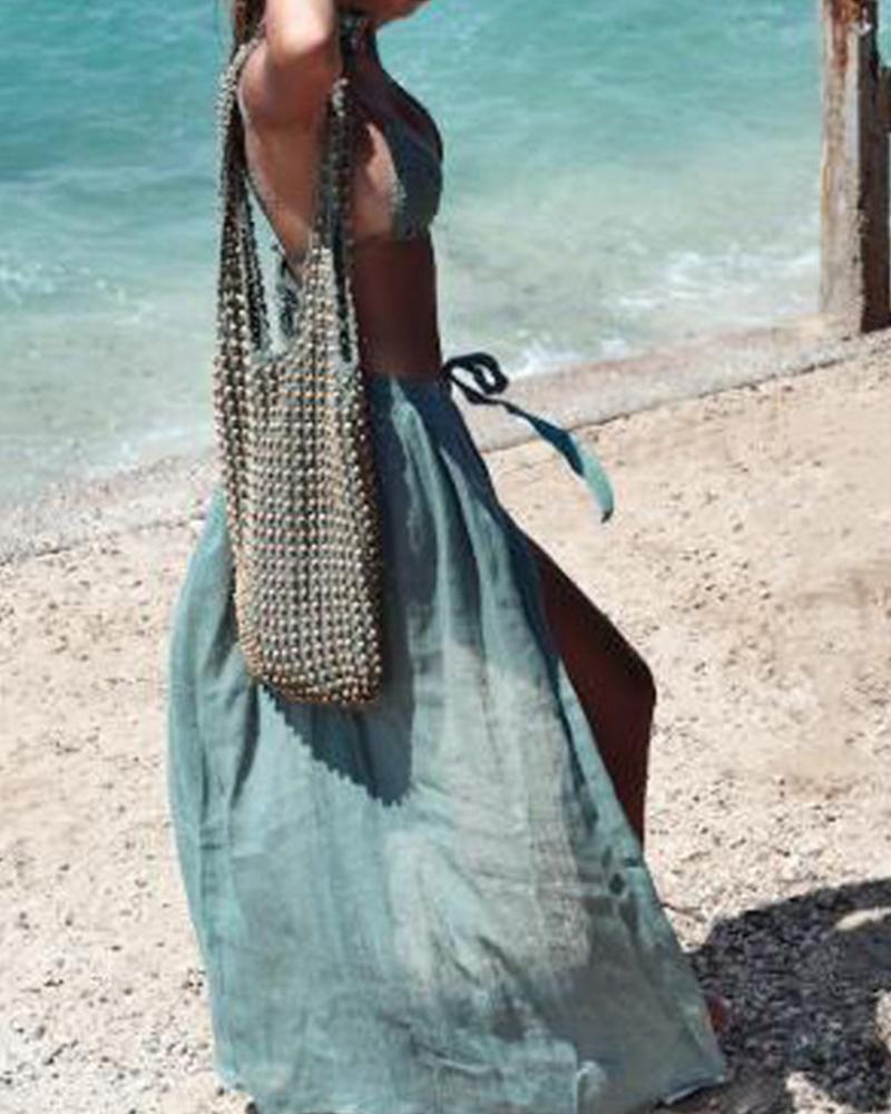 

Solid Loose Slit Strappy Long Skirts, Blue