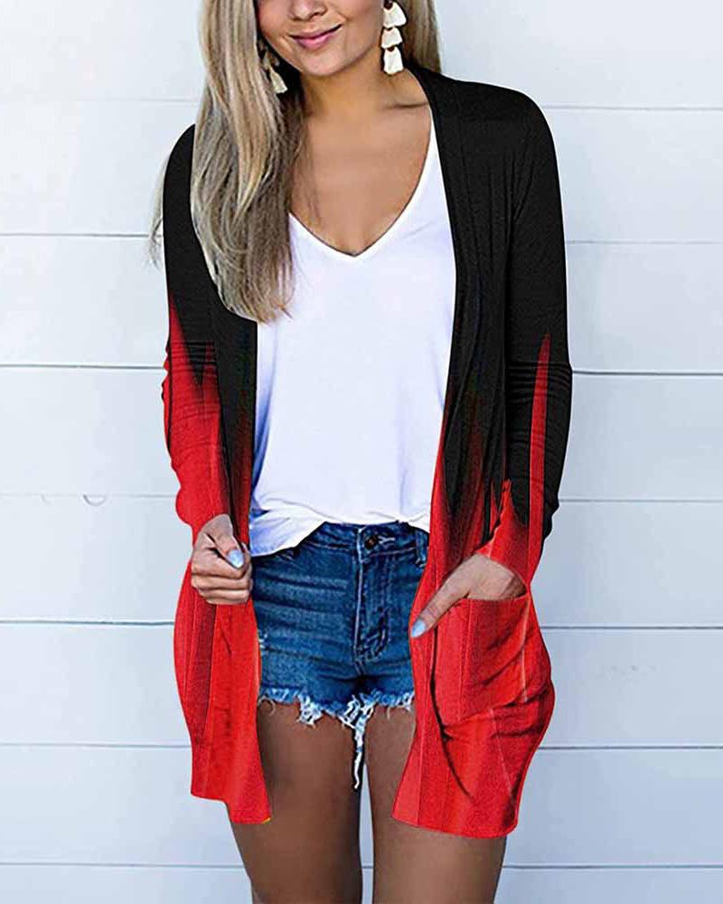 

Ombre Colorblock Pocket Detail Open Front Cardigan, Red