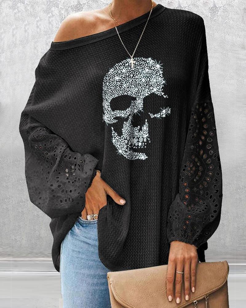 

Glitter Skeleton Lantern Sleeve Top, Black