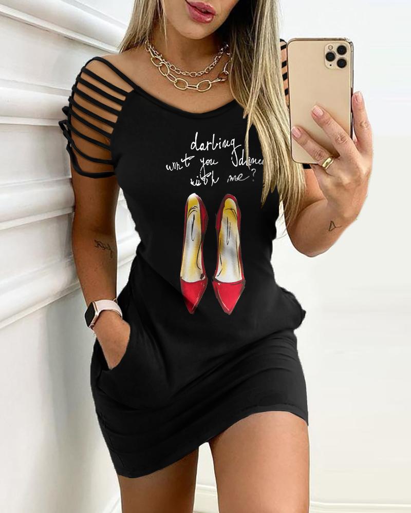 

Studded Cutout High Heels Letter Print Casual Dress, Black