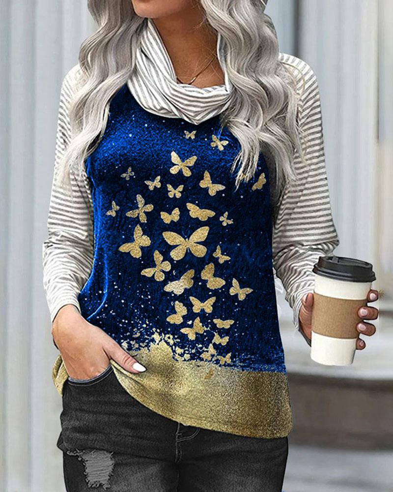 

Striped Butterfly Print Long Sleeve Top, Blue