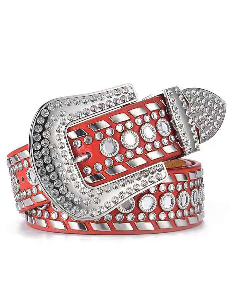 

Studded Rhinestone Decor Buckled Belt, Red