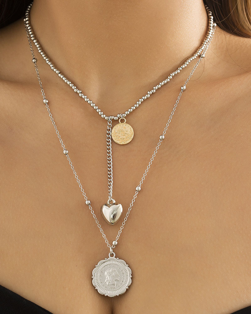 

2PCS Heart Coin Pendant Layered Chain Necklace, Silver