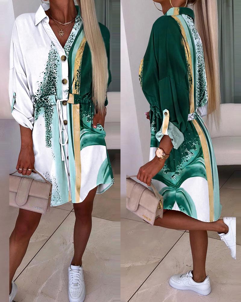 

Tie Dye Print Roll Up Sleeve Drawstring Shirt Dress, Green
