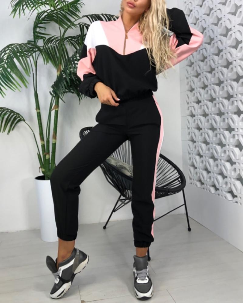 

Stand Collar Colorblock Zipper Design Top & Pants Sets, Black