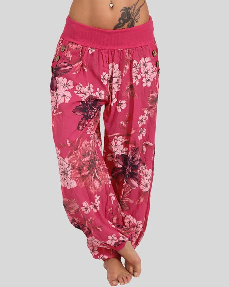 

Floral Print Button Decor Low Waist Pants, Hot pink