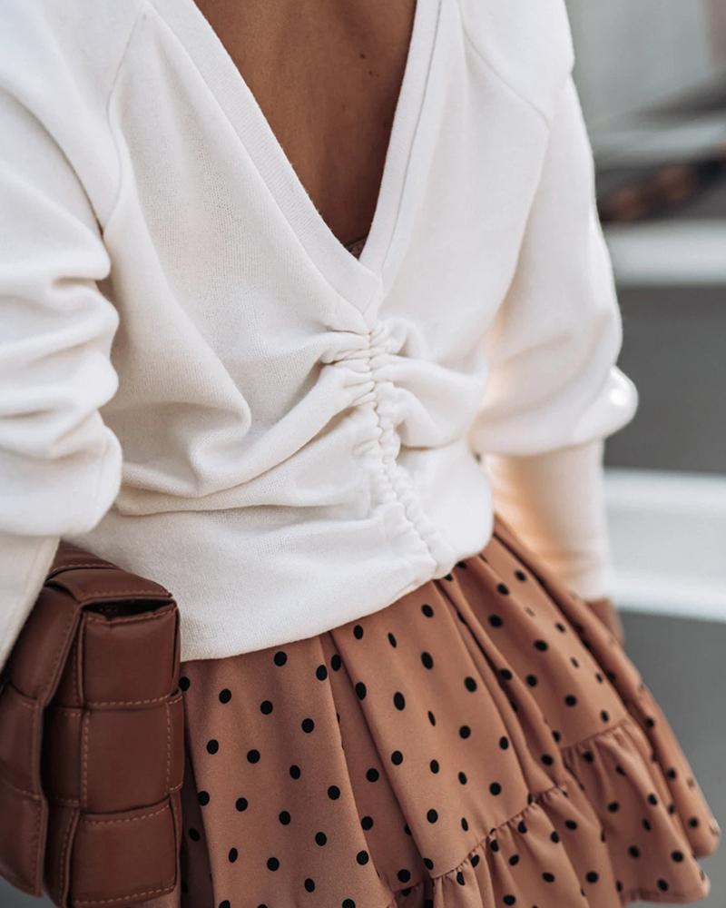 

Drawstring V Neck Lantern Sleeve Sweater, White