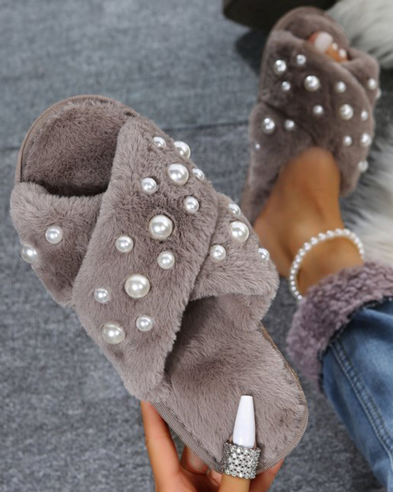 

Pearls Cross Strap Fuzzy Slippers, Khaki