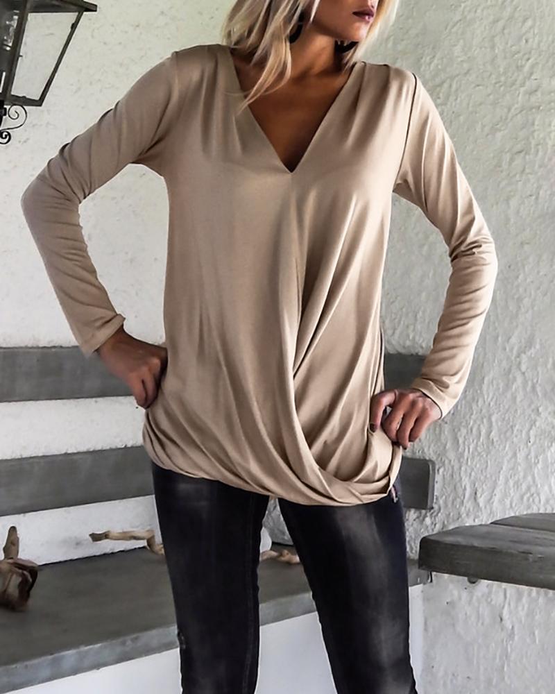 

V-Neck Ruched Long Sleeve Top, Coffee