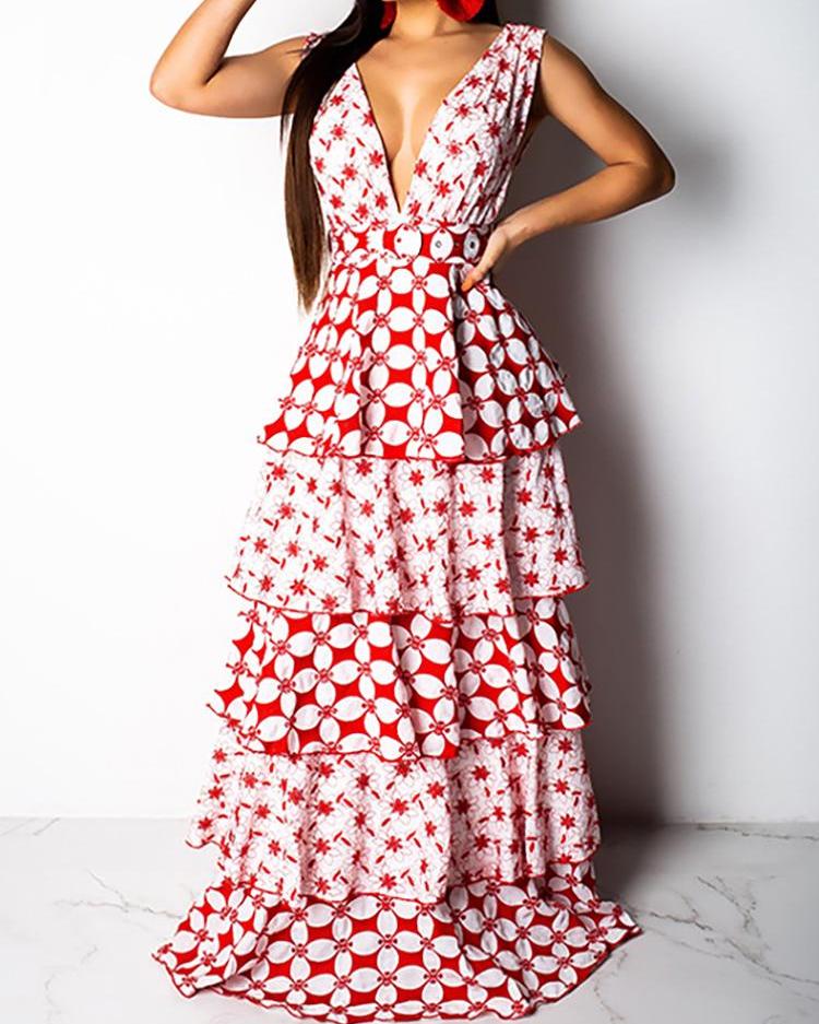 

Sleeveless Floral Print Layered Maxi Dress, Pink