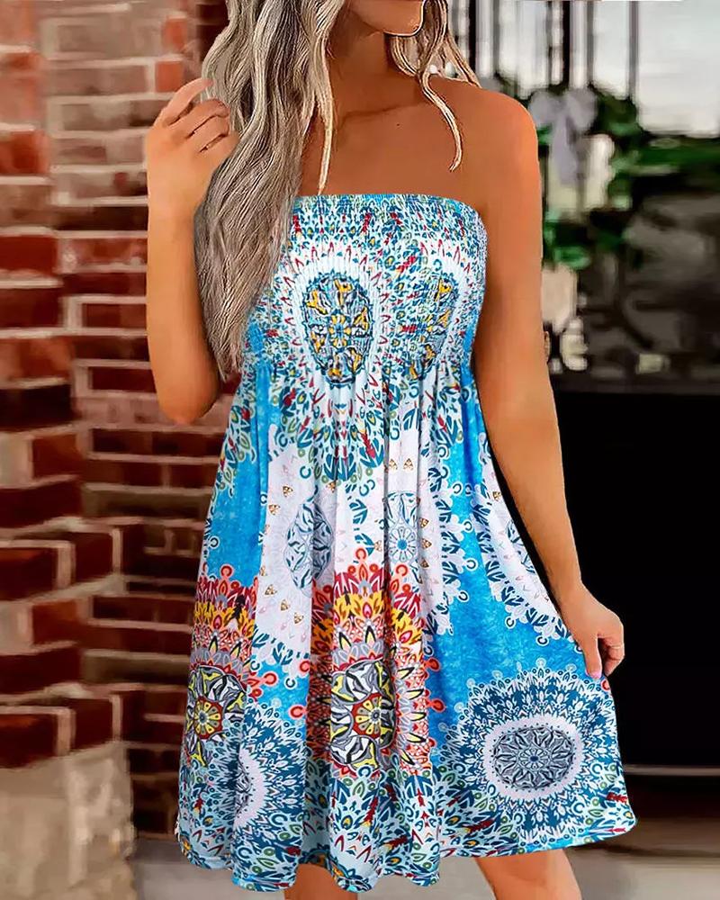 

Tribal Print Bandeau Casual Dress, Blue