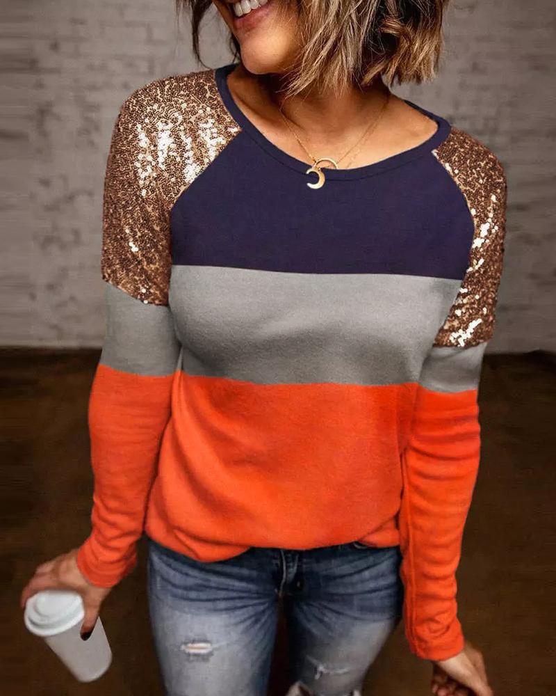 

Colorblock Contrast Sequin Long Sleeve Top, Orange