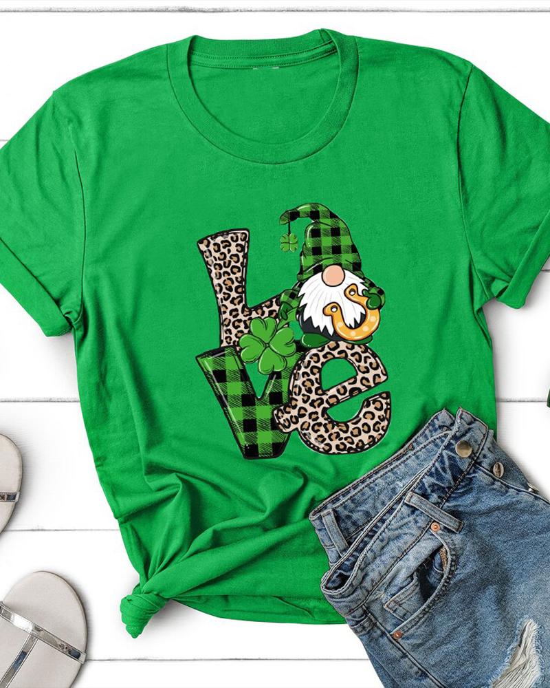 

St. Patrick' Day Letter Clover Gnome Print Casual T-shirt, Green