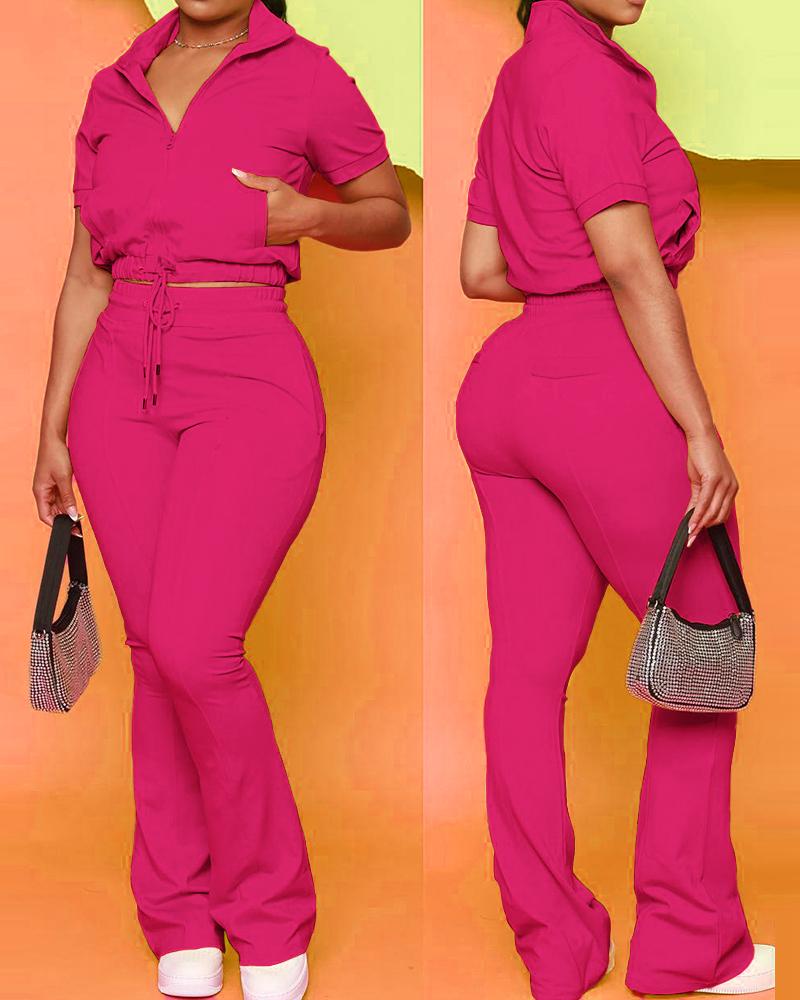 

Drawstring Zipper Design Top & Pants Set, Rose red