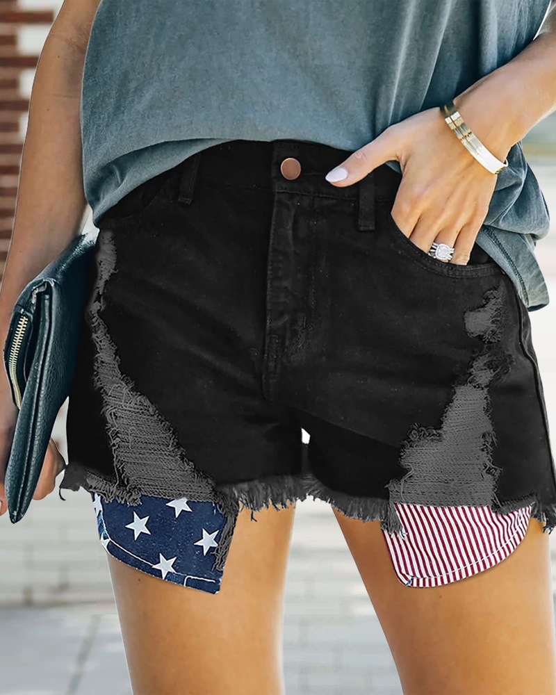

Patchwork Zip Fly Ripped Raw Hem Denim Shorts, Black