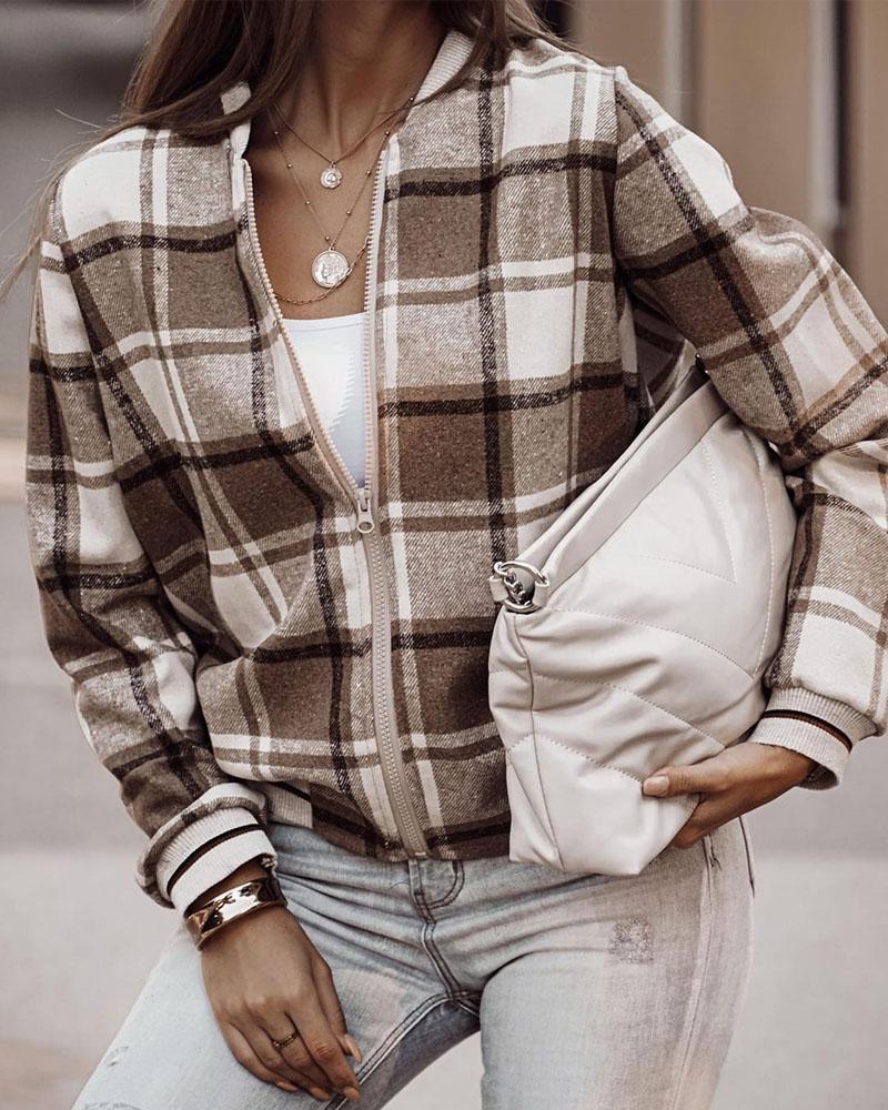 

Plaid Print Zip Up Bomber Jacket, Khaki