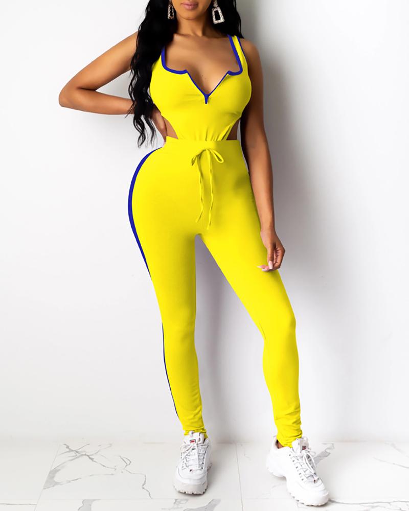 

Contrast Binding V-Cut Bodysuit & Drawstring Pants Set, Yellow