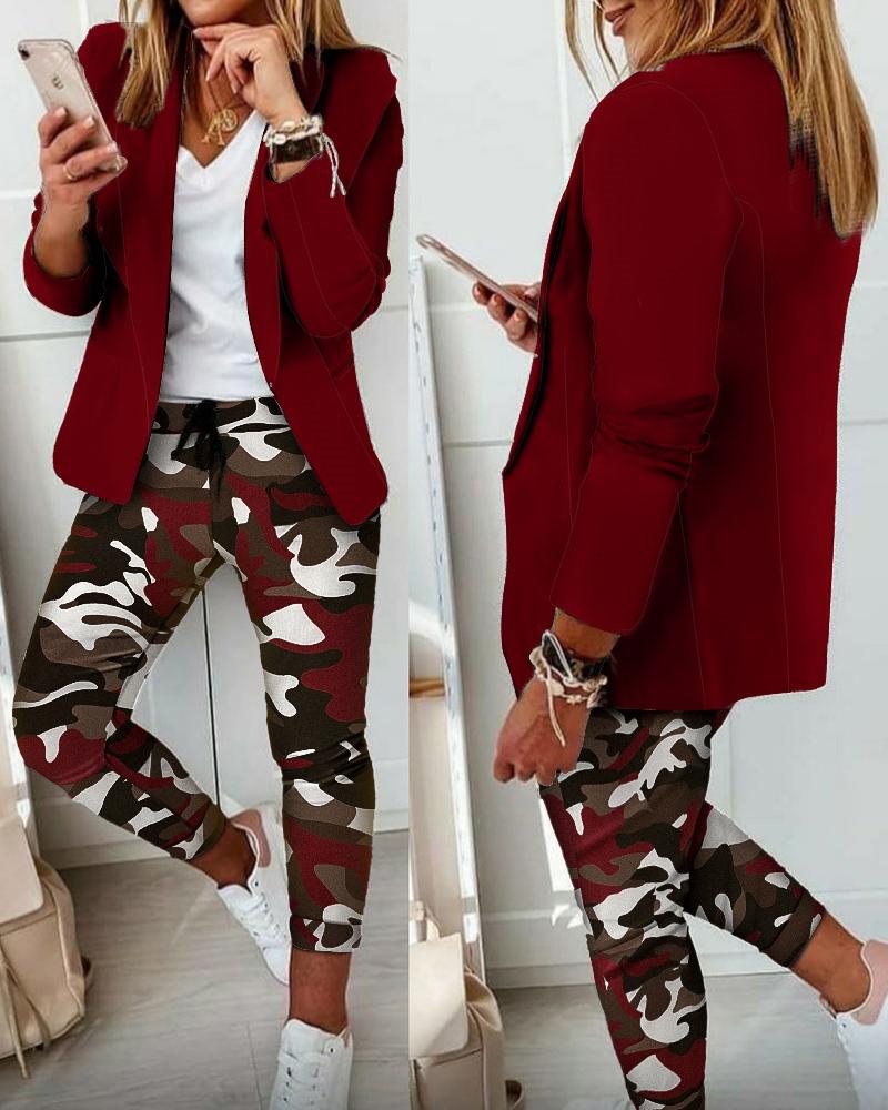 

Shawl Collar Blazer & Camo Print Drawstring Pants Set, Red