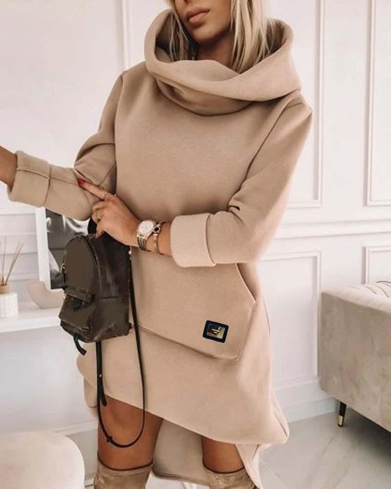 

High Neck Long Sleeve Sweatshirt Casual Dress, Khaki