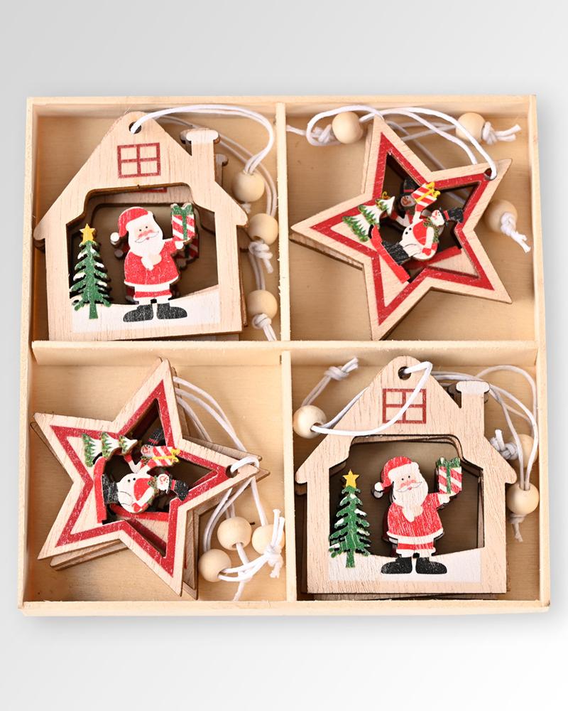 

12PCS 3D Wooden Christmas Pendants Christmas Tree Hanging Ornaments Home Decorations Kids Gift, Red