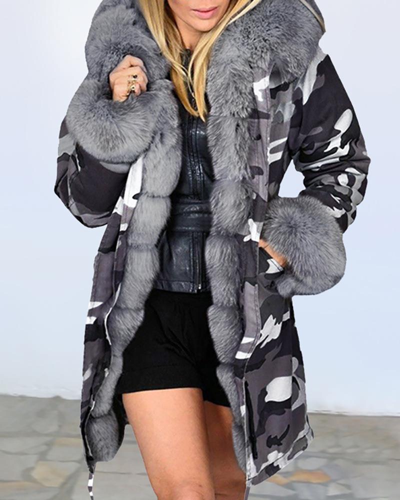 

Camouflage Print Faux Fur Casual Coat, Gray