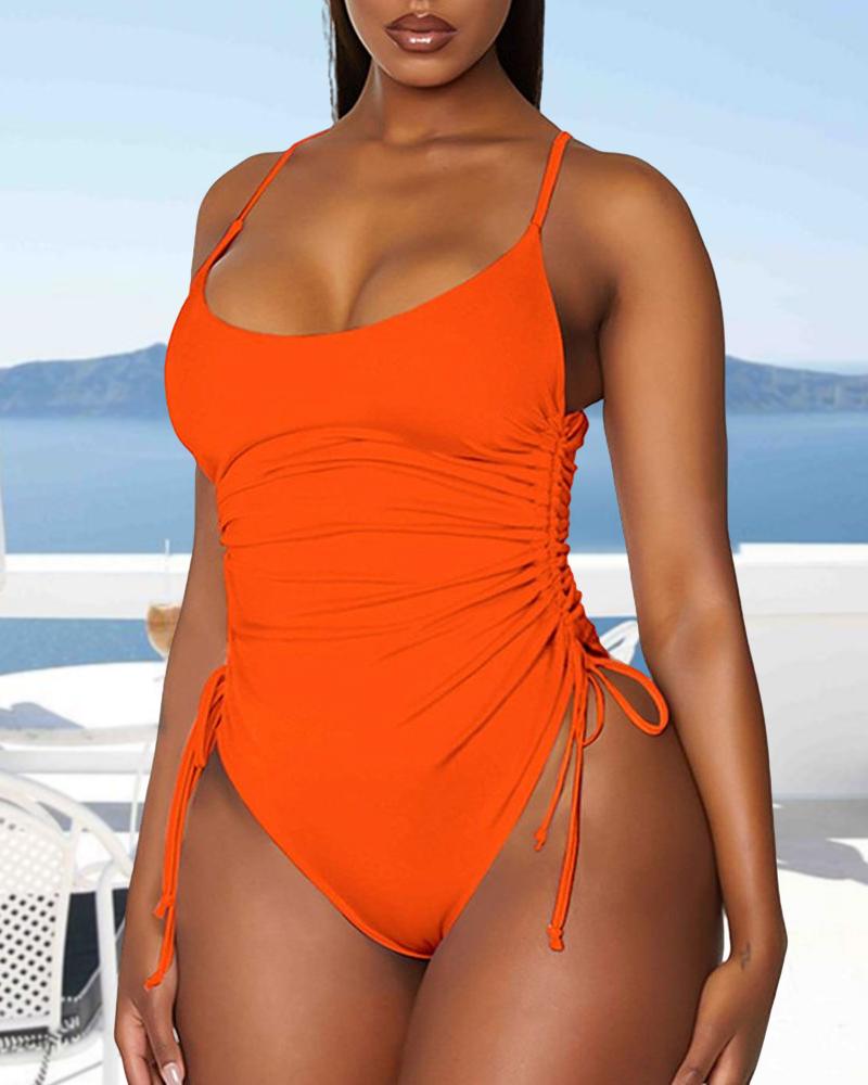 

Drawstring U-Neck Sleeveless One Piece Swimsuit, Orange