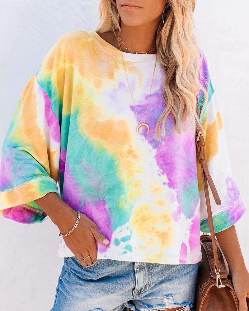 

Tie Dye Print Bell Sleeve Casual Top, Multicolor