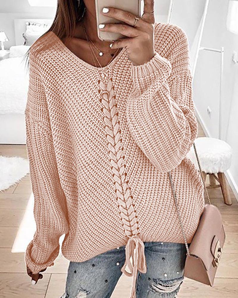 

Eyelet Lace-up Knitt Casual Sweater, Pink