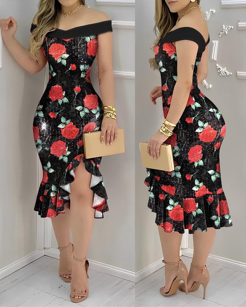 

Contrast Sequin Floral Pattern Off Shoulder Bodycon Dress Sleeveless Ruffled Slit Party Midi Dress, Black