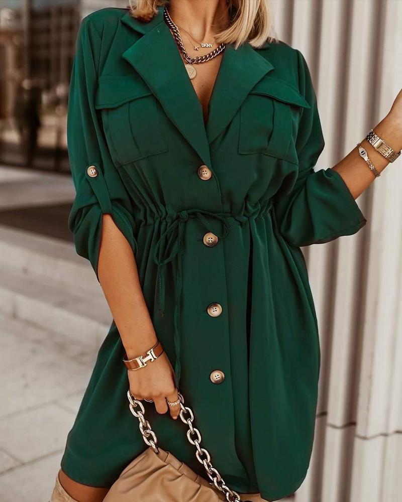 

Roll Up Sleeve Drawstring Button Down Shirt Dress, Green